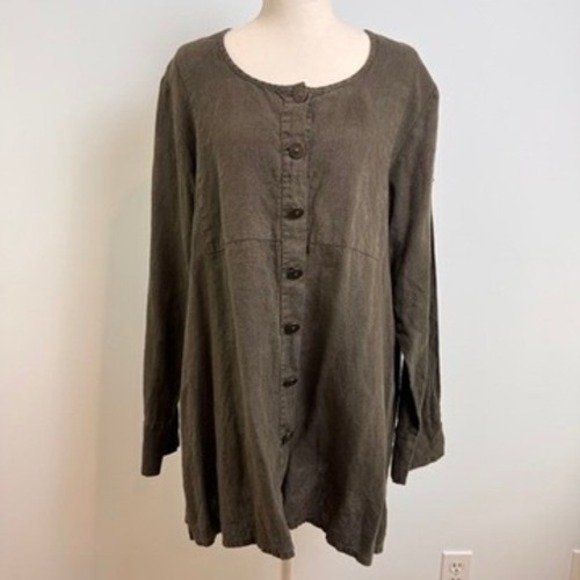 Flax Tops - Flax 100% Linen Button Up Tunic Top Womens M Brown Lagenlook Breathable Coastal